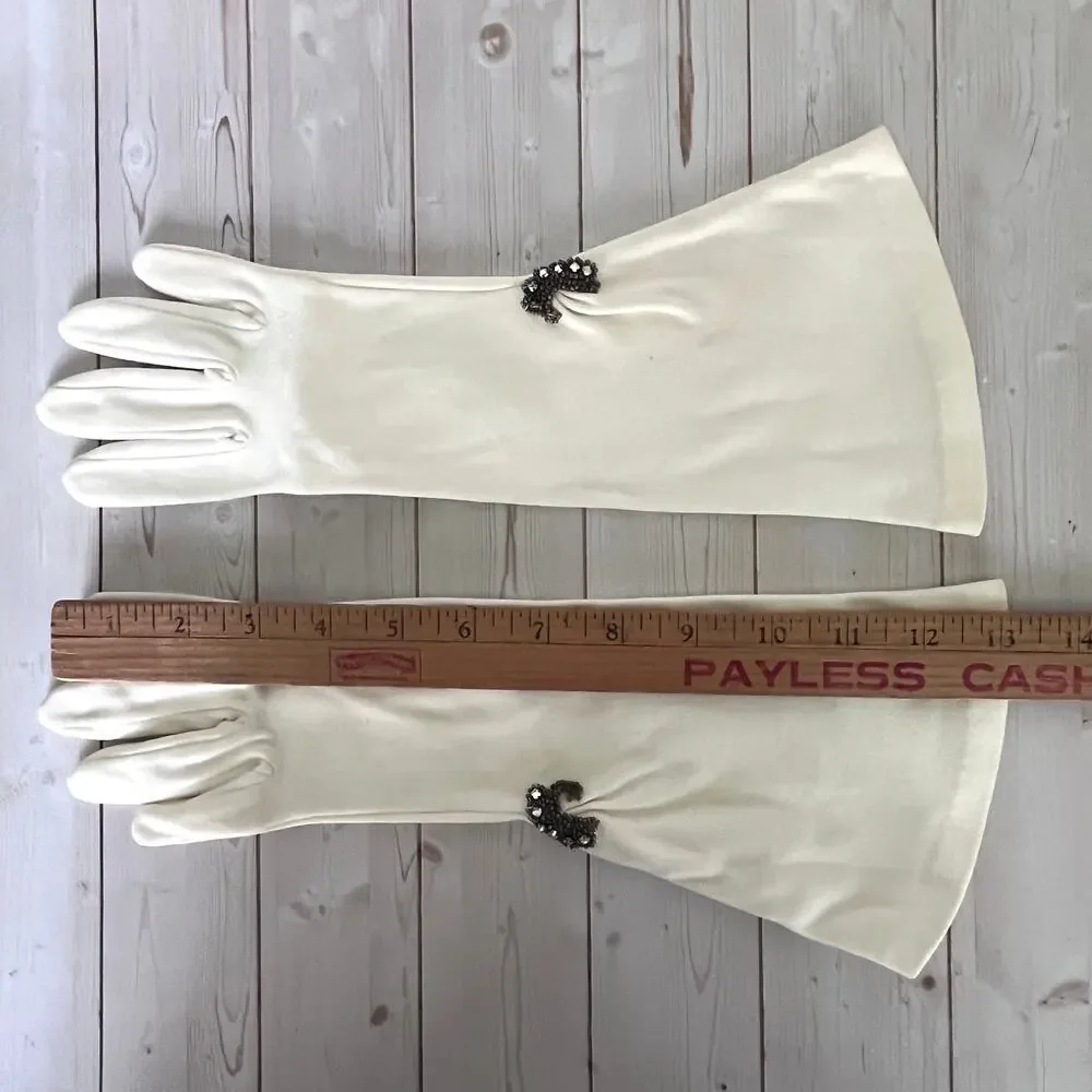 Vintage Mid-Length Fabric Gloves Off-White Embellished Wrist Elvette by Dawnelle